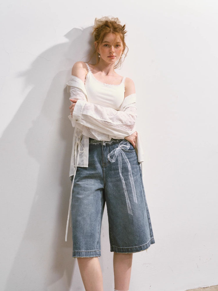 Imitation-Lace Printed High-Waist Denim Mid-Length Pants - CHINASQUAD