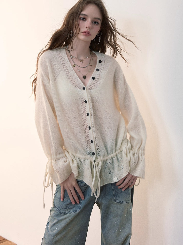 Drawstring Openwork Wool Knit Cardigan