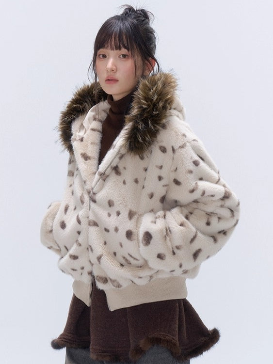 Faux Fur Hooded Zip-Up Cropped Jacket