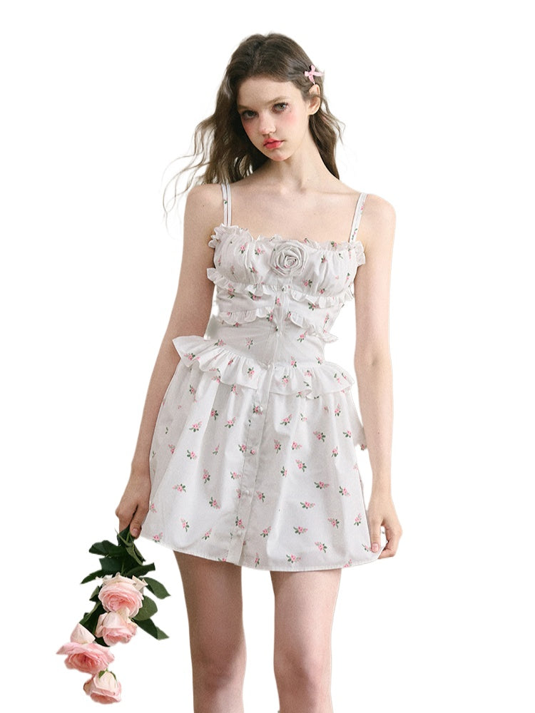 White Floral Ruffled Edge Dress - CHINASQUAD