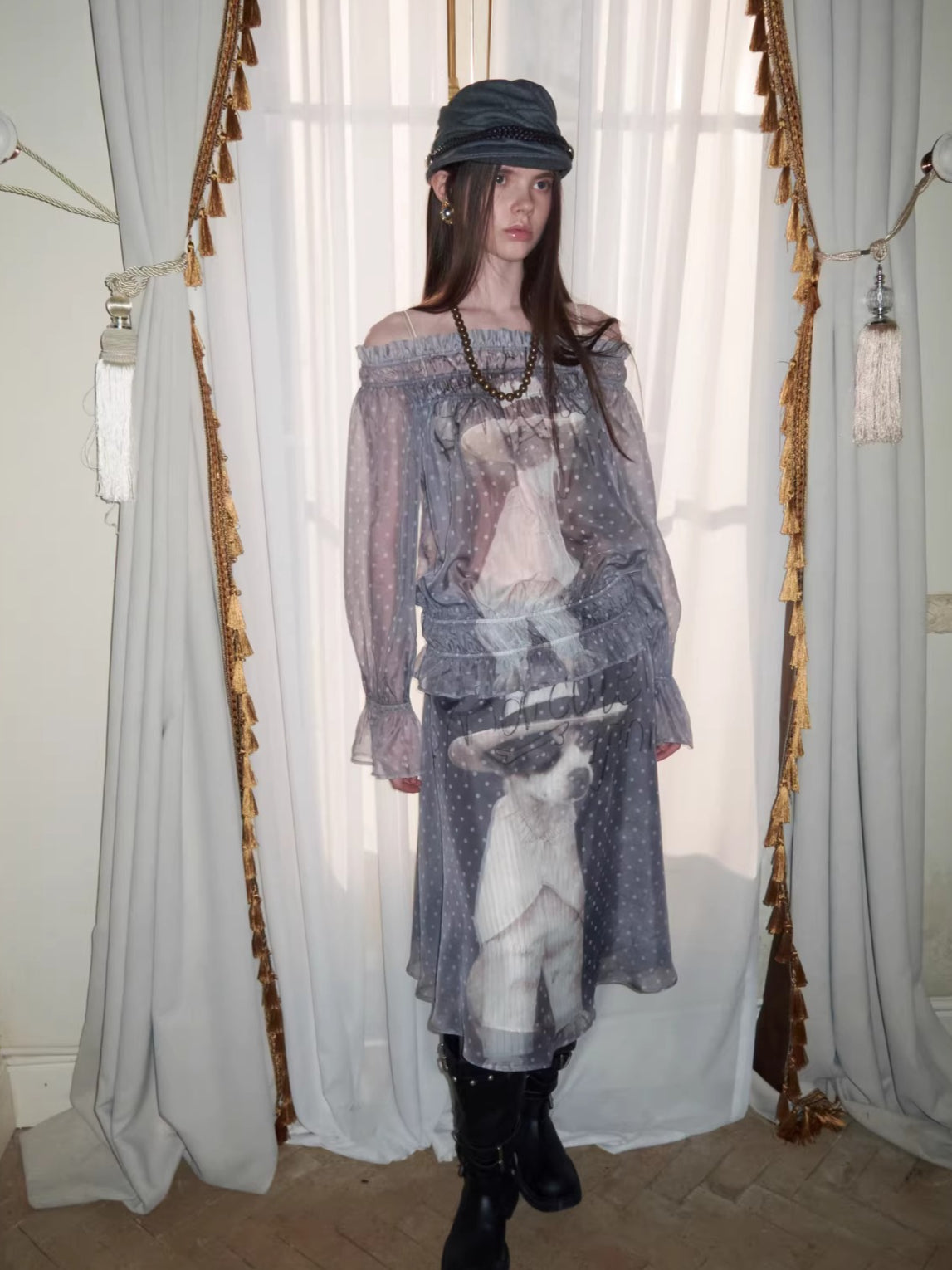 Sheer Chiffon Graphic Long-Sleeve Top