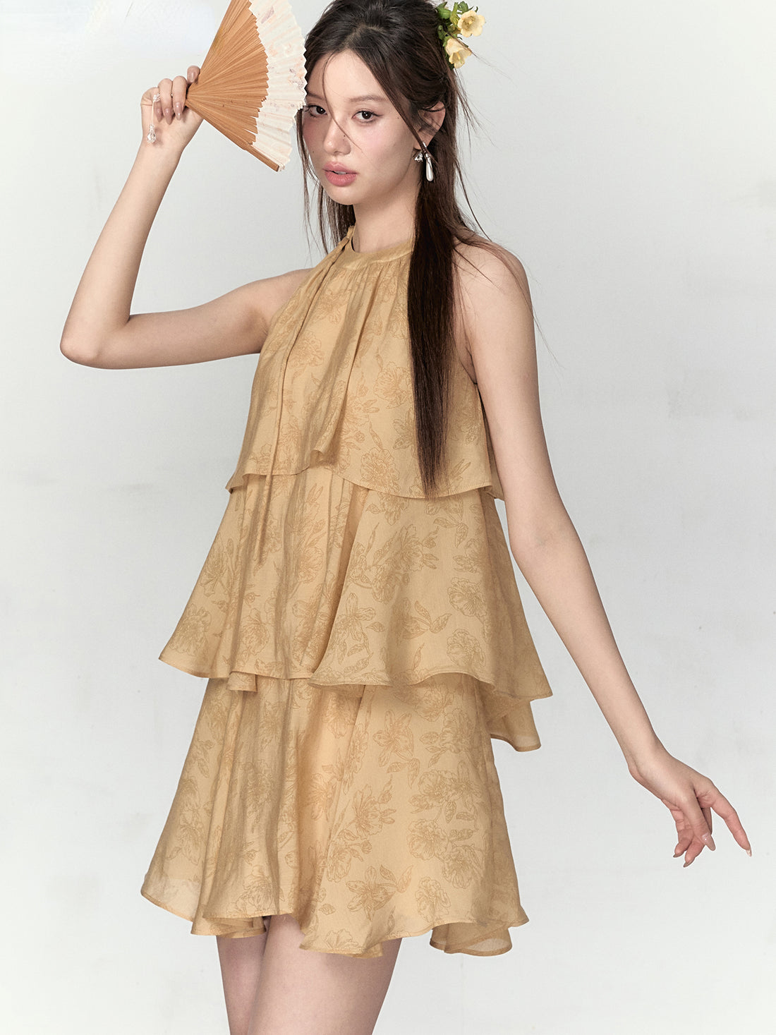 Mustard Yellow Halter Floral Dress - CHINASQUAD