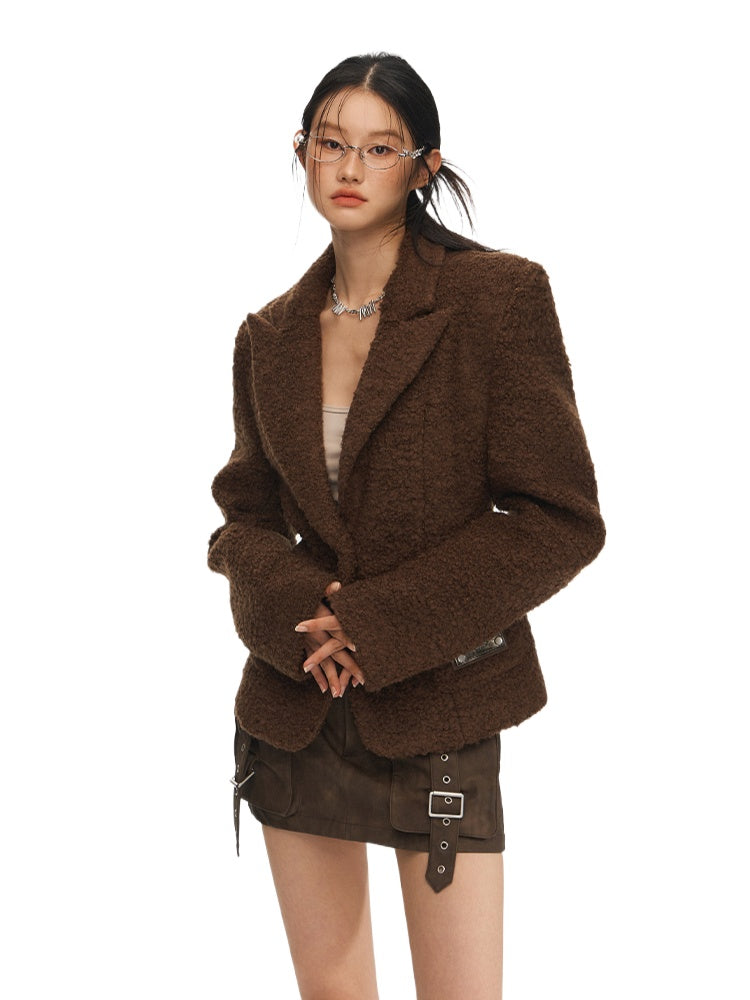 Brown Vintage Waist Woolen Blazer - CHINASQUAD