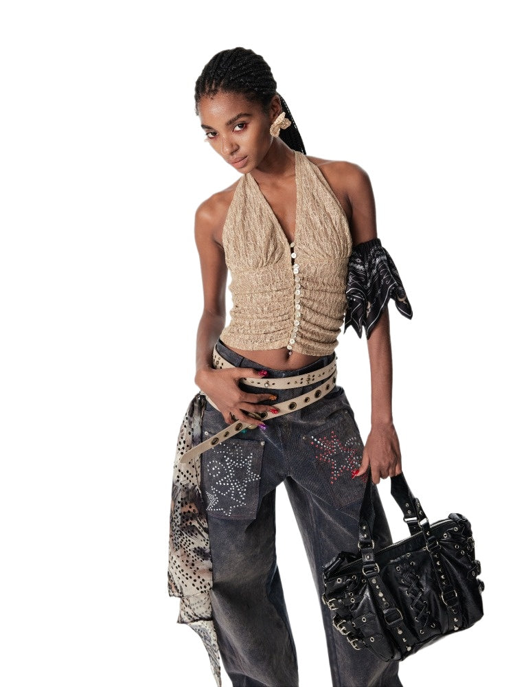 Textured Leopard Halter Tank Top - CHINASQUAD