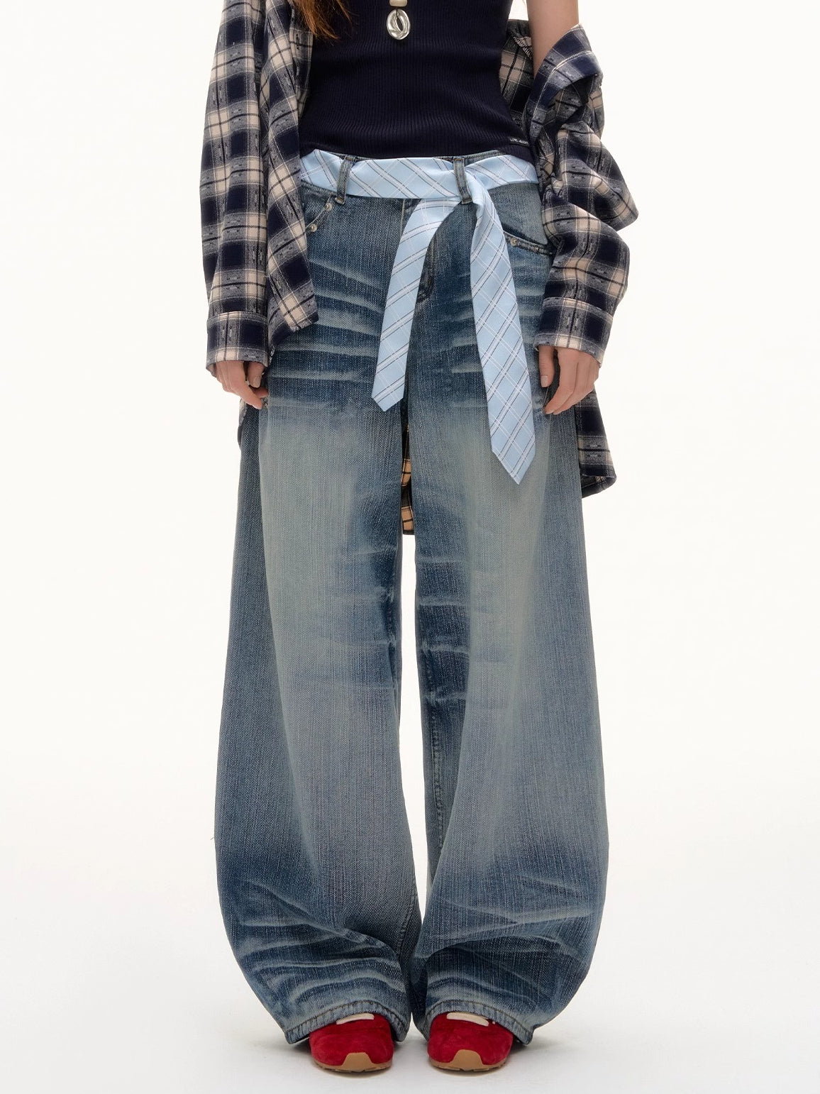 Beaded Tie-Waist Washed Denim Pants - CHINASQUAD