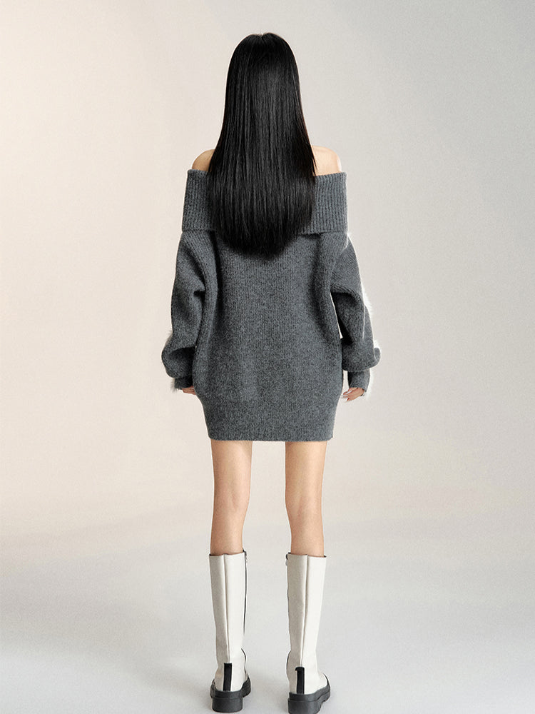 Gray Off-the-shoulder Oversized Sweater - CHINASQUAD