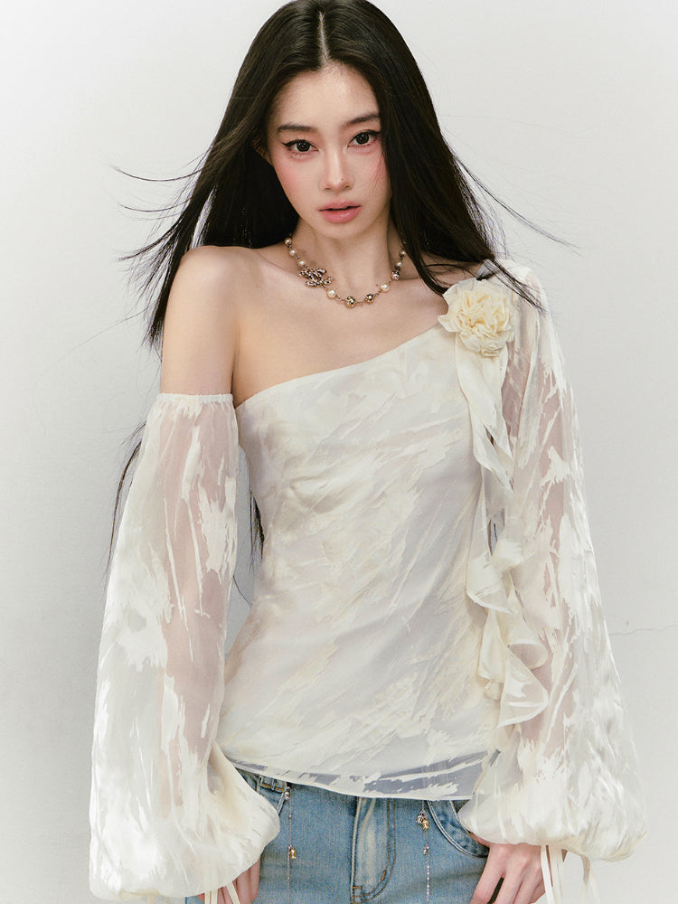 Irregular Slant Shoulder Lantern Sleeve T-shirt - CHINASQUAD