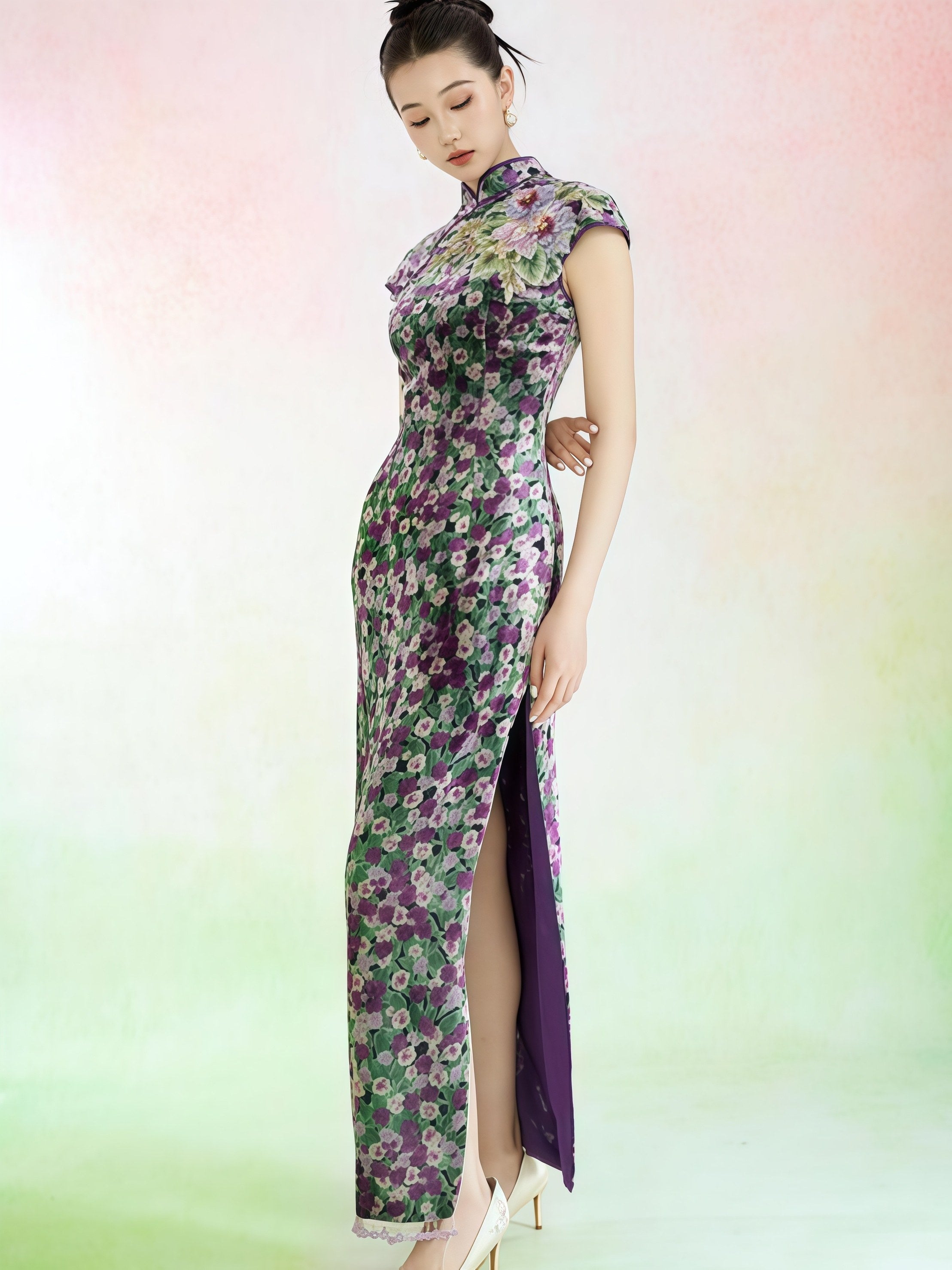 Purple Floral Cheongsam Maxi Dress
