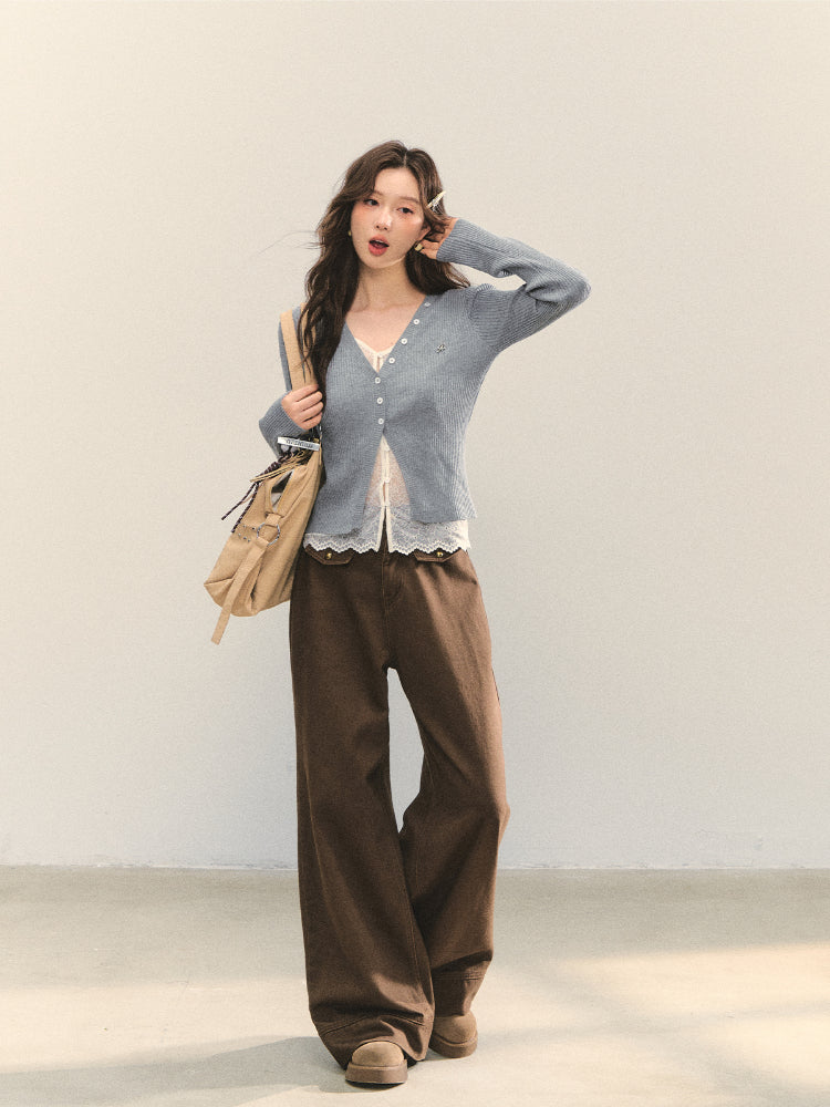 Lace Tie Fake Two-Piece Knitted Cardigan - CHINASQUAD