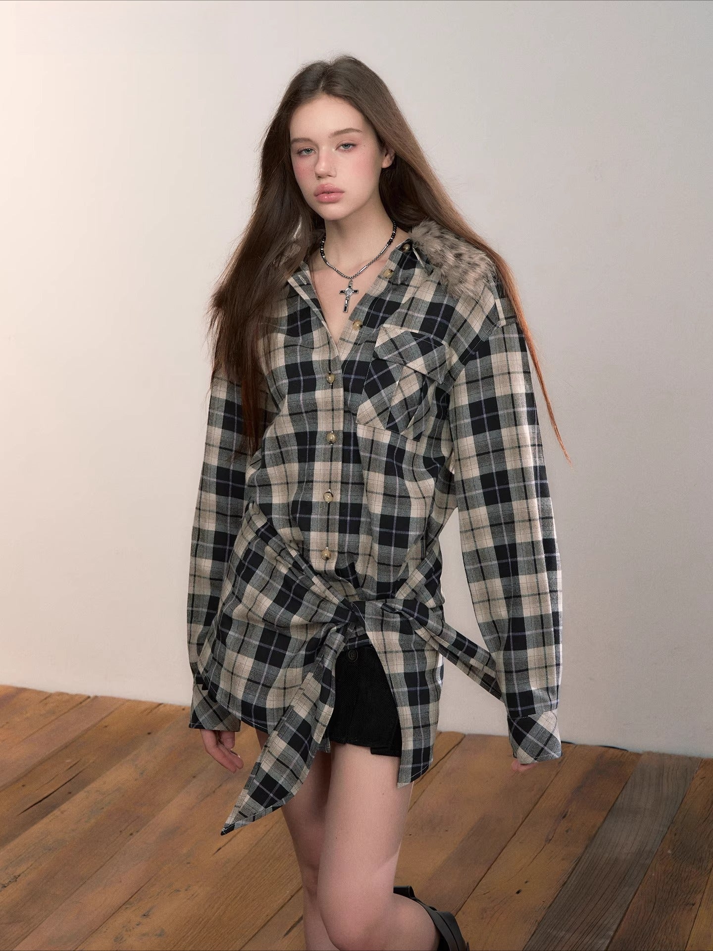 Plaid Detachable Fur Collar Two-Piece Shirt Set