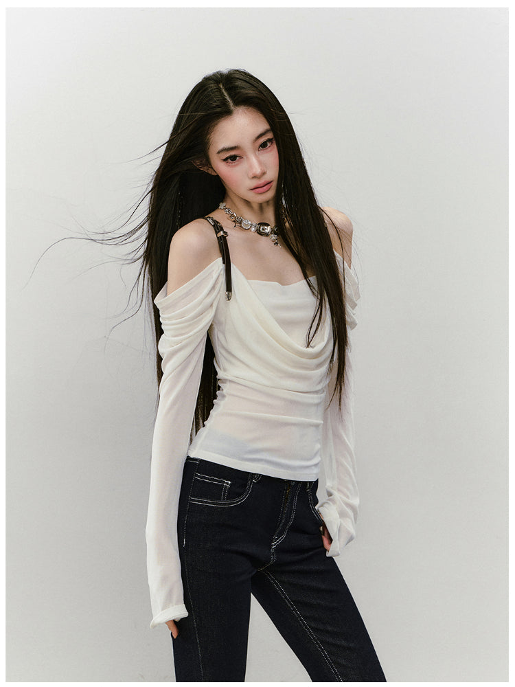 Draped Neck Leather Strap Acetate One-shoulder T-shirt - CHINASQUAD