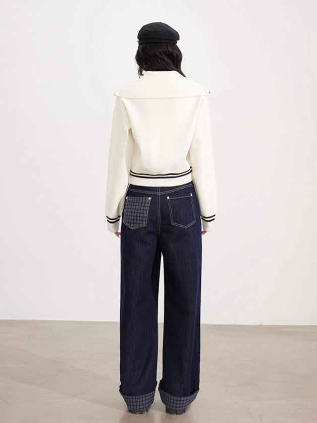 Contrast Trim Zip-Up Sailor Collar Knit Cardigan - CHINASQUAD