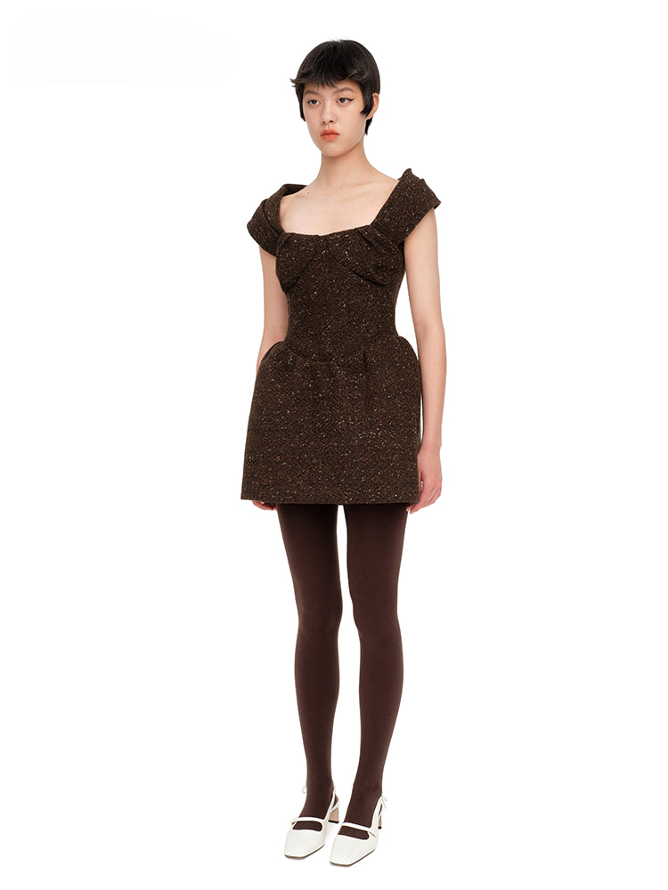 Brown Pleated Structured Dress - CHINASQUAD