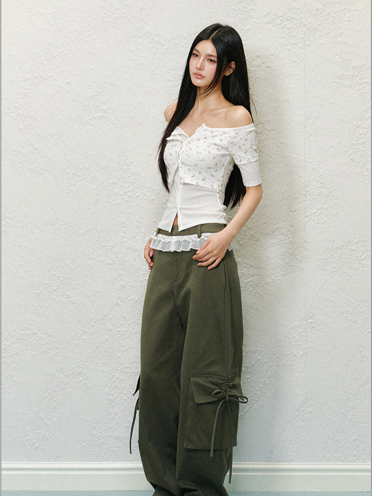 Color Block Large Pocket Lace Work Pants - CHINASQUAD