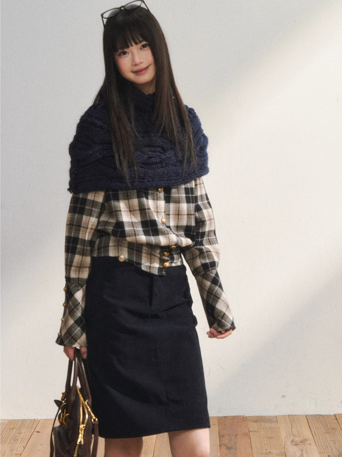Vintage Plaid Contrast-Panel Fitted Shirt Crewneck