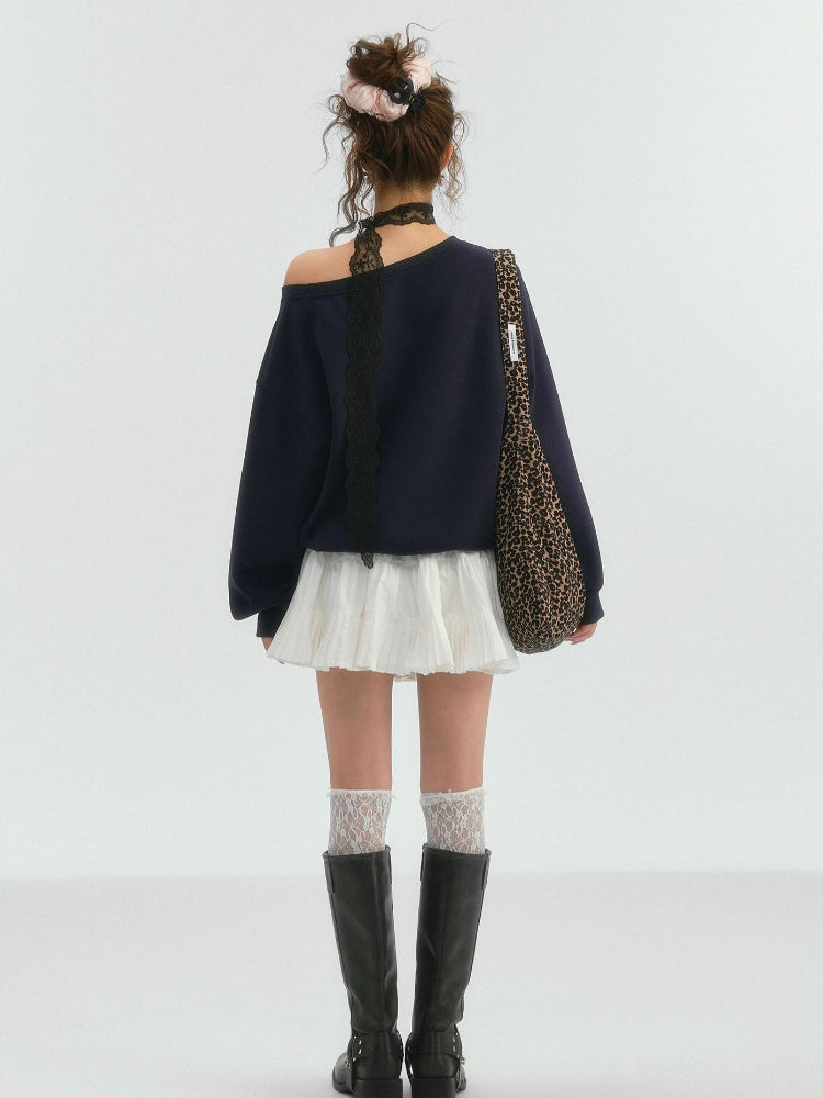 Lace Trim Off-Shoulder Sweatshirt - CHINASQUAD