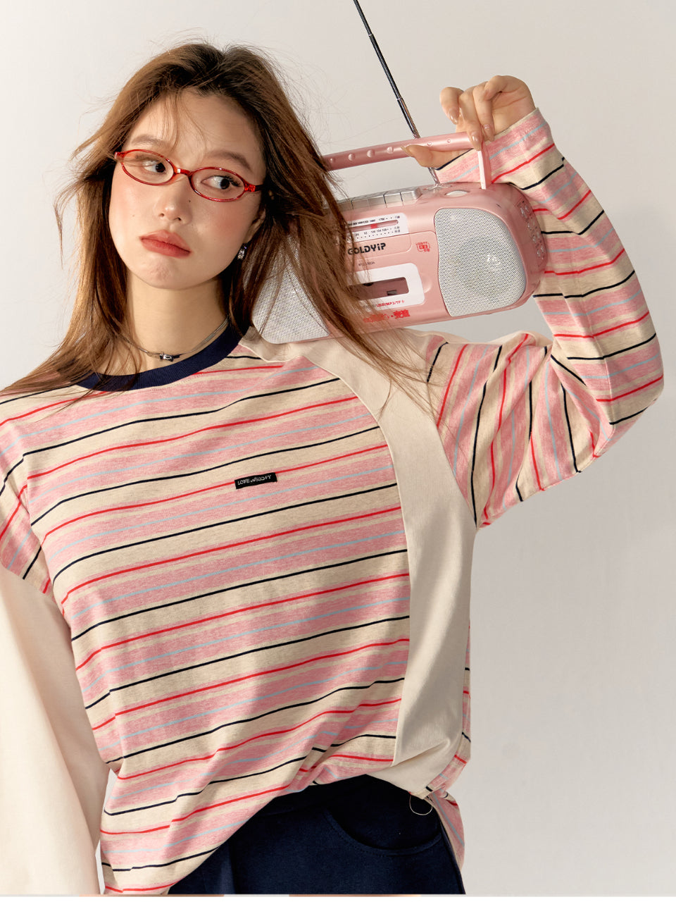 Pink Color-Block Striped Oversized T-shirt - CHINASQUAD