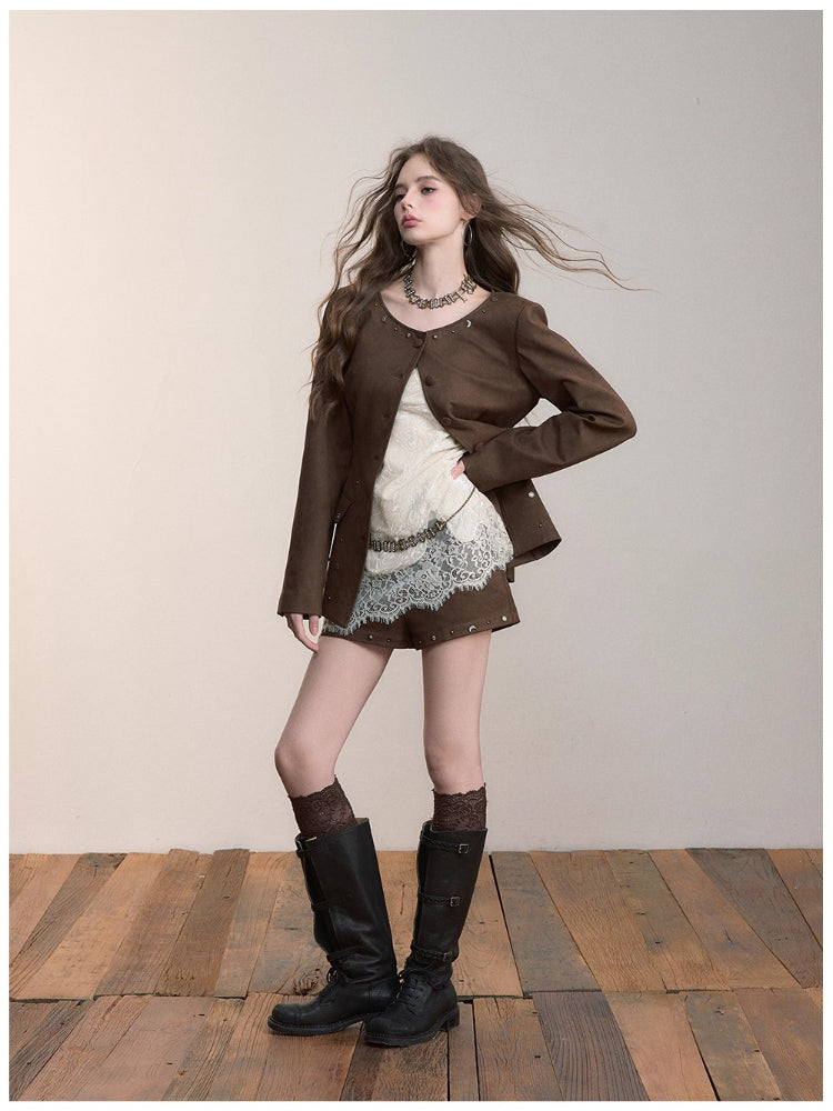 Rivet Suede-Like Waist-Defined Jacket