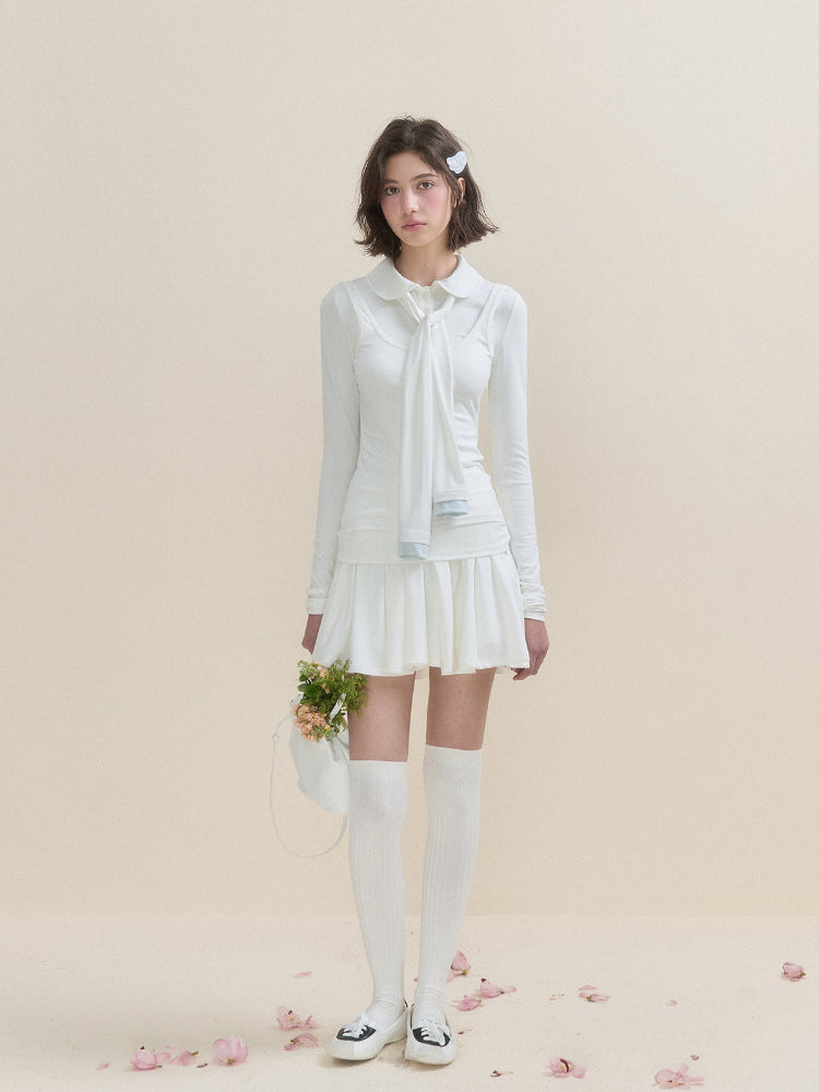 White & Blue Collared Knit Top & Skirt Set - CHINASQUAD