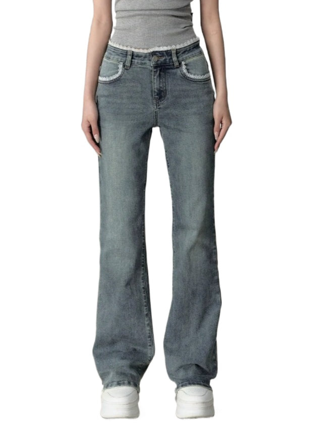 Light Blue Lace Patchwork Embroidered Jeans - CHINASQUAD