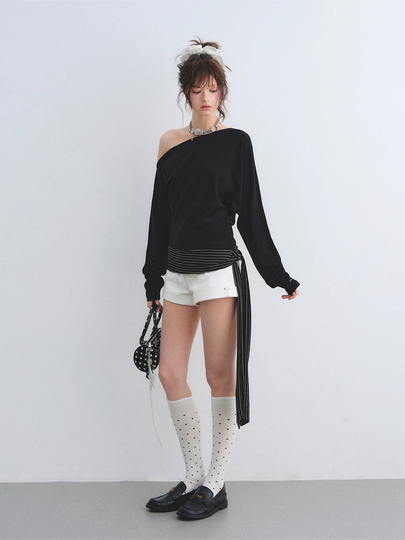 Asymmetric Batwing Sleeve Striped Tie-Hem Long Sleeve Top