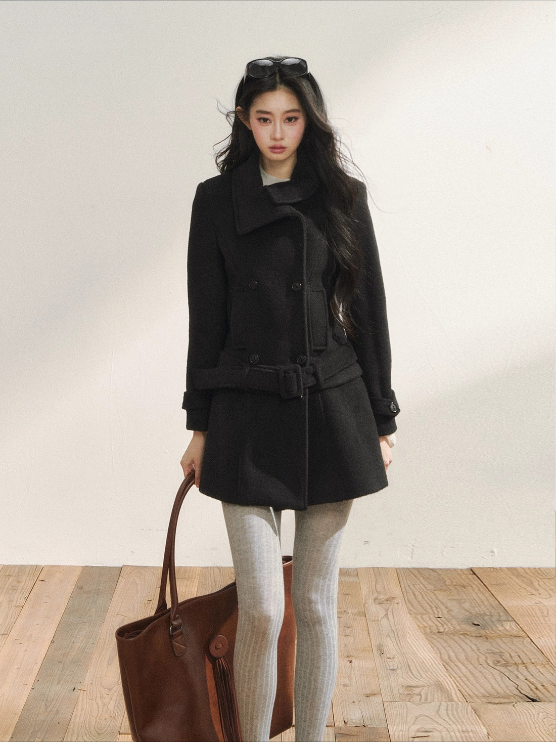 Black Wool-Blend Detachable Hem Double-Breasted Coat