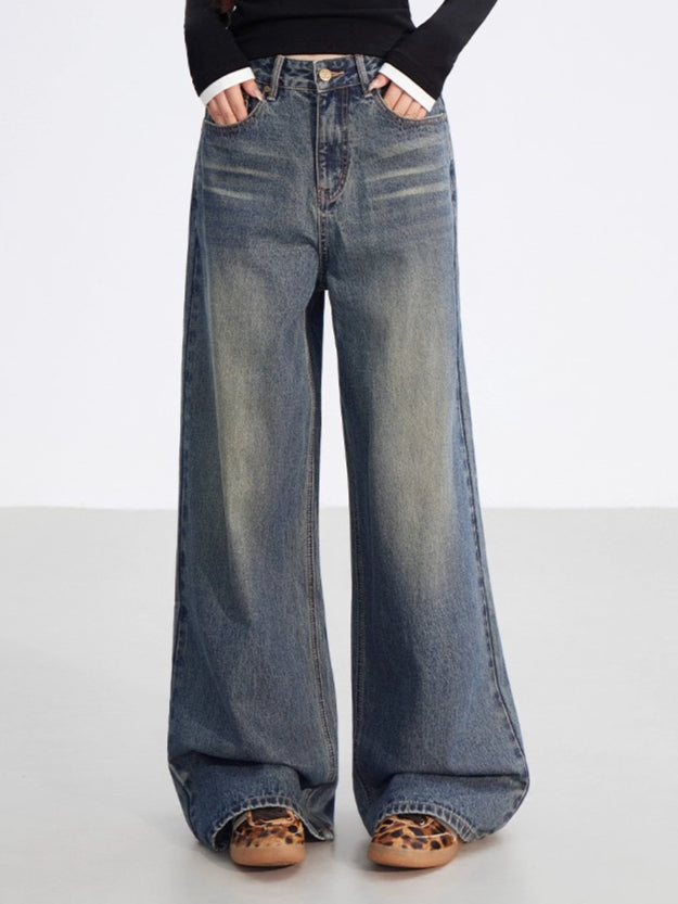 Leather-Patch Wide-Leg Cotton Jeans - CHINASQUAD