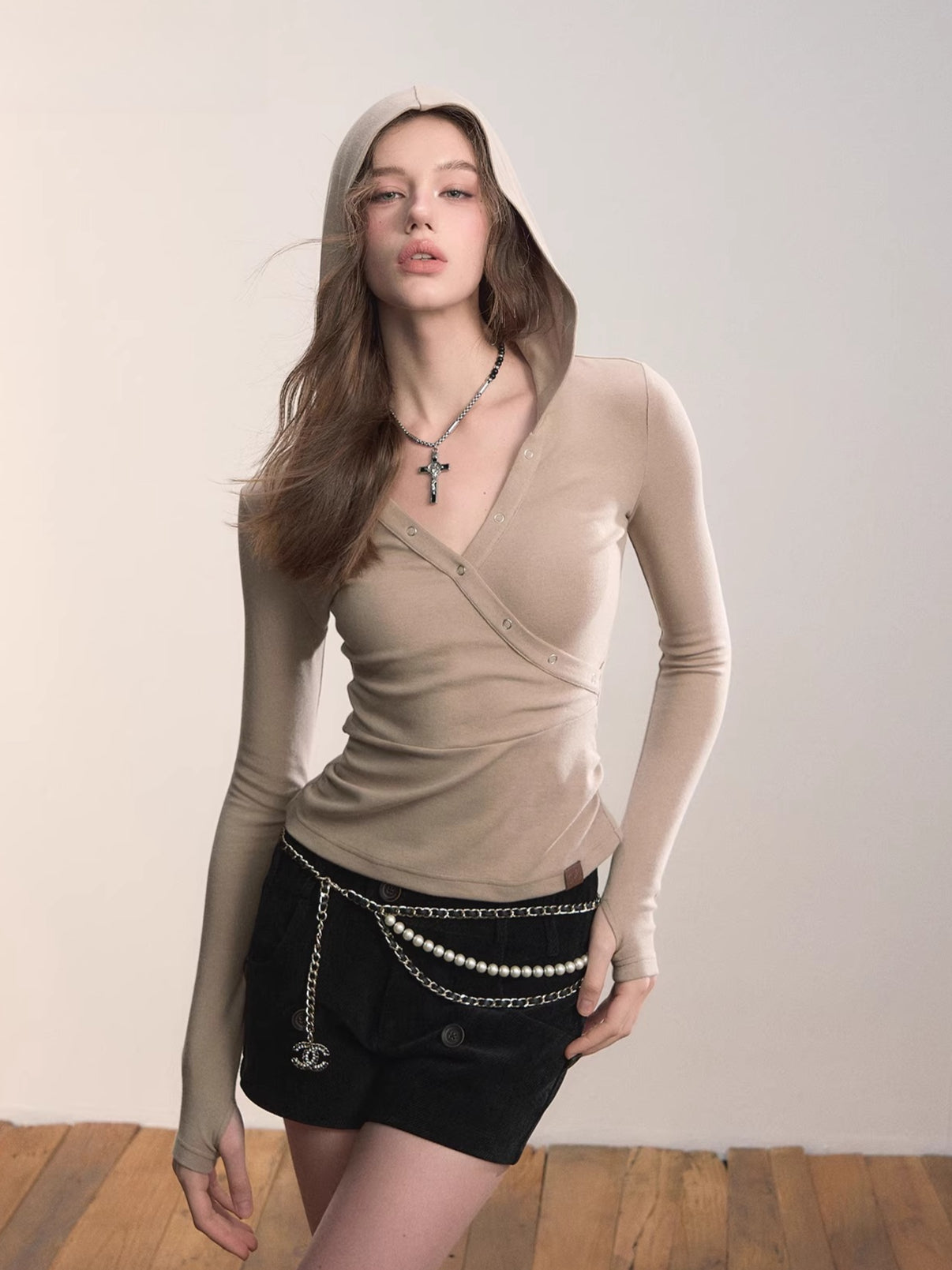 Crossover Hooded Slim-Fit Knit Sweater