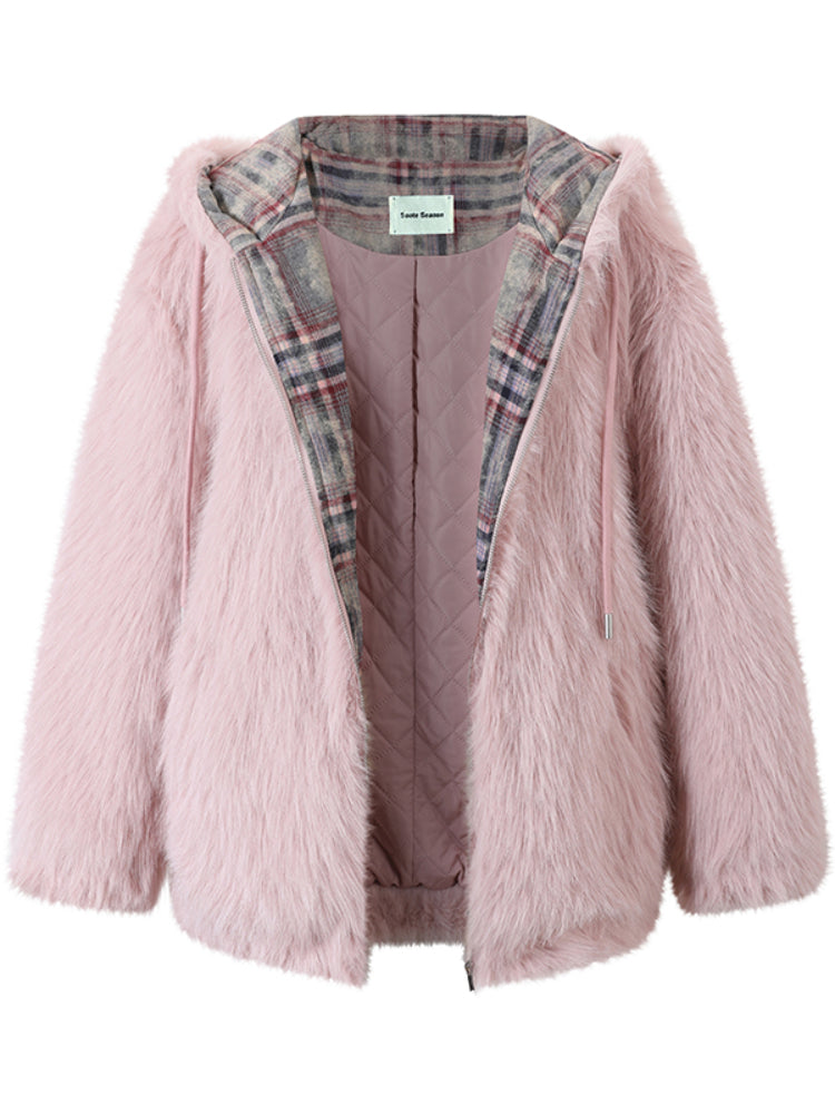 Plaid Spliced Eco-friendly Faux Fur Coat - CHINASQUAD