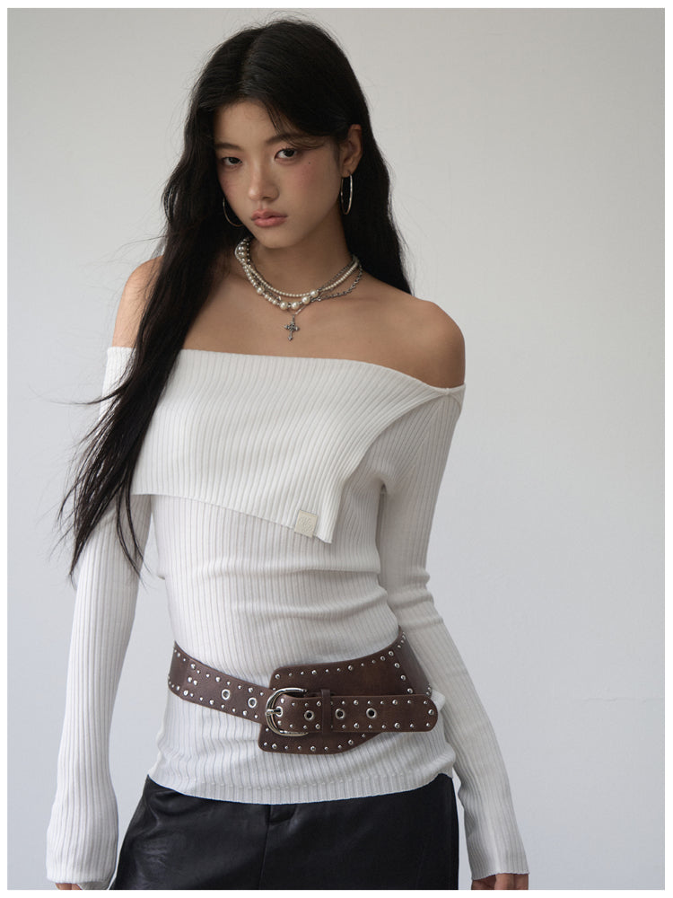 One-Shoulder Collared Knit Crewneck - CHINASQUAD