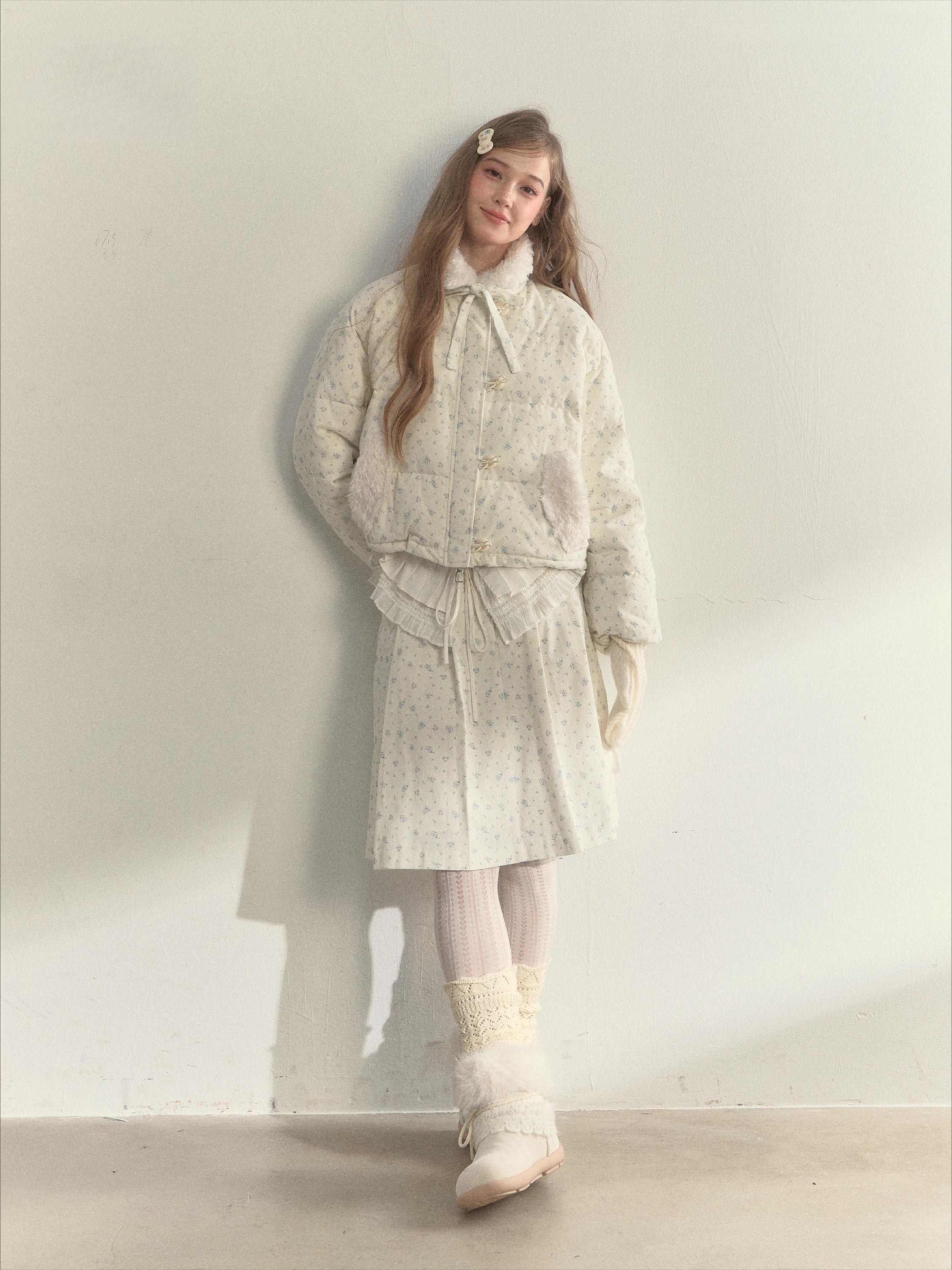 Floral Corduroy Puffer Jacket & Pleated Skirt Set