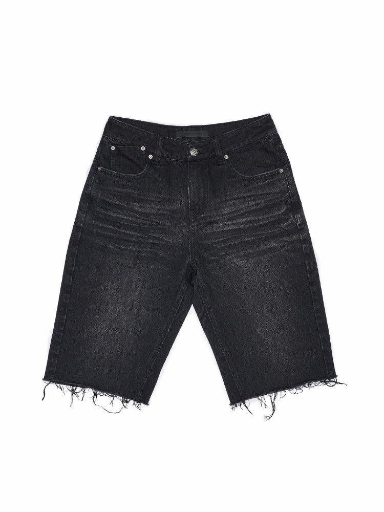 Washed Raw-edge Embroidered Denim Shorts