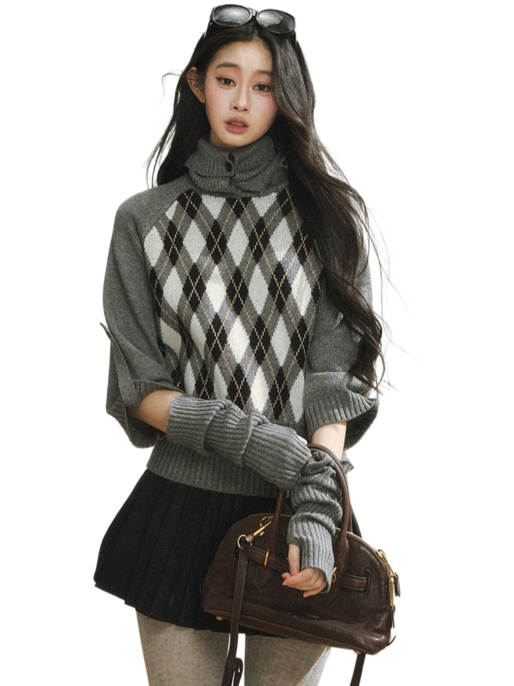 Vintage Argyle Knit Turtleneck Sweater & Skirt Set
