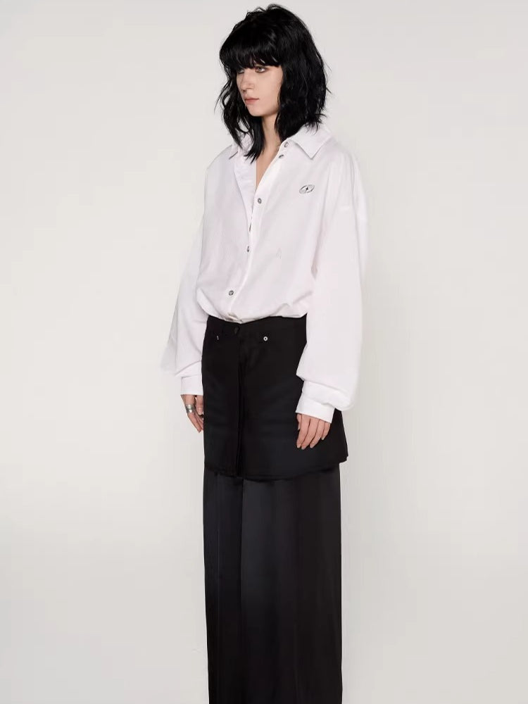 Washed Patchwork Faux Two-Piece Shirt Dress