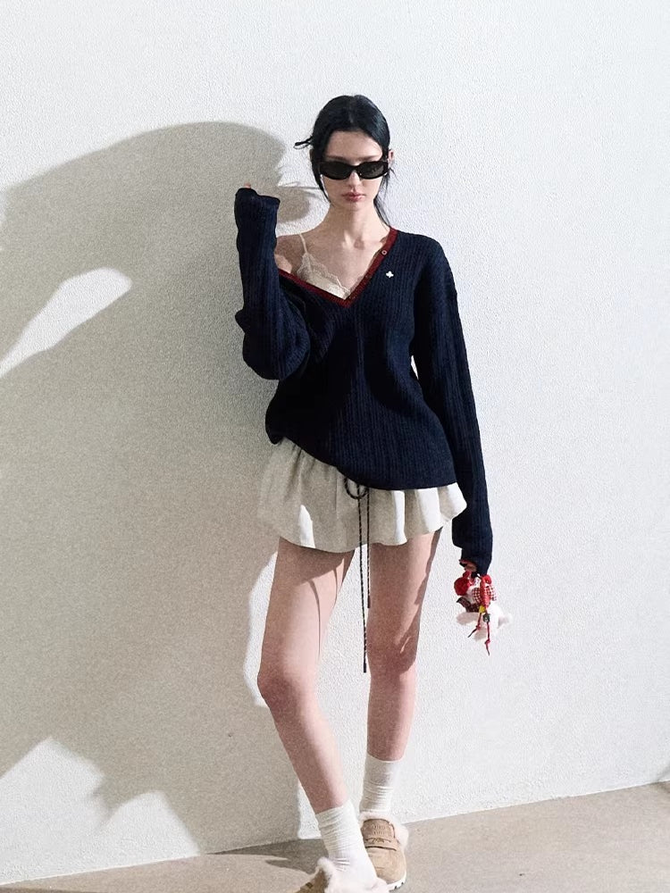 Ribbed Cable-Knit Wool-Blend V-Neck Top