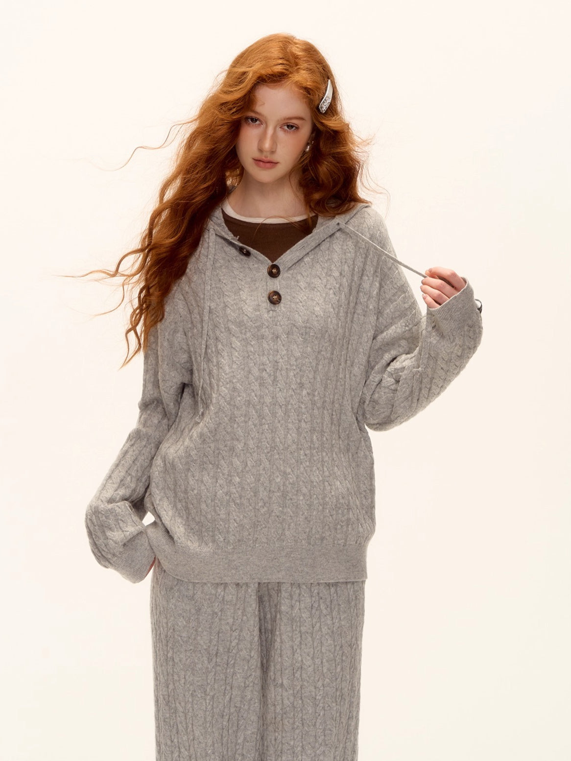 Wool Blend Cable Knit Hoodie & Wide-Leg Pants Set