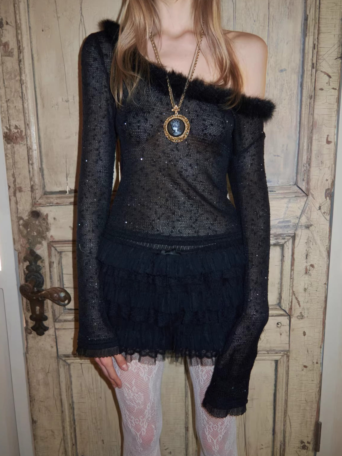 Off-Shoulder Sequin Knit Crewneck