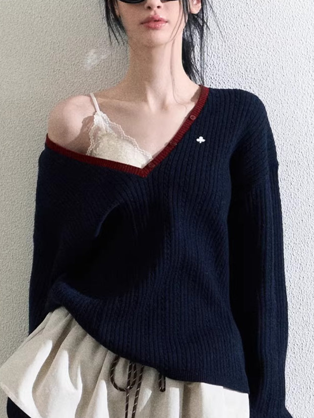 Ribbed Cable-Knit Wool-Blend V-Neck Top