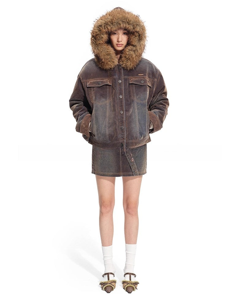 Ross Oversized Washed Eco Fox Fur Collar Denim Jacket