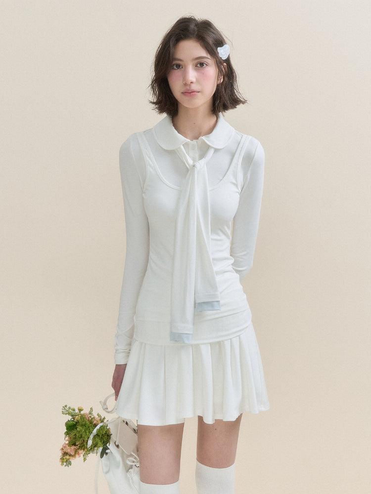 White & Blue Collared Knit Top & Skirt Set - CHINASQUAD