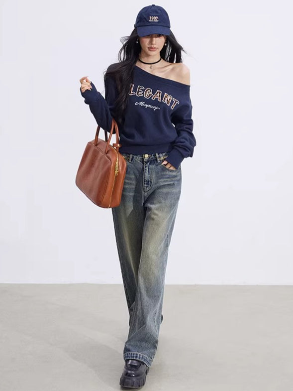 Off-Shoulder Letter-Print Cropped Sweatshirt