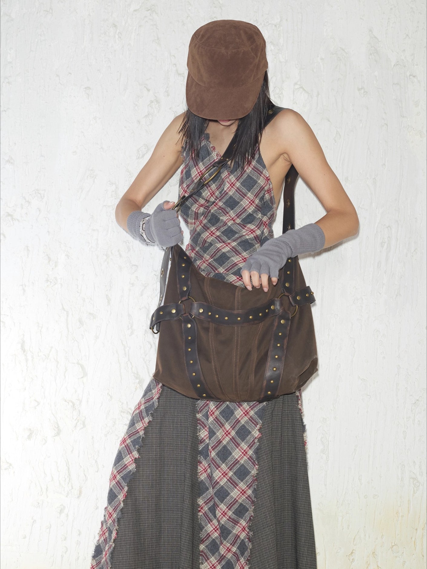 Vintage Studded Wide-Strap Crossbody Bag