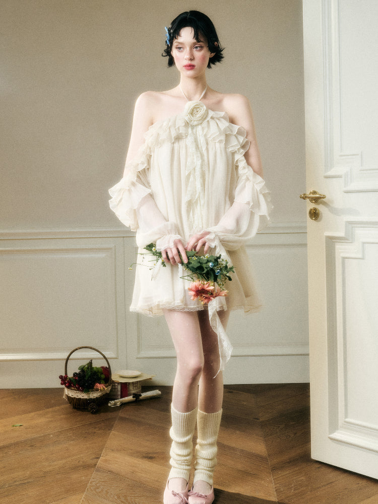 Halter Neck Off-Shoulder Ribbon Dress - CHINASQUAD