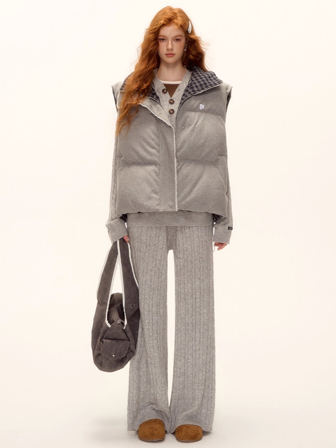 Reversible Plaid Lace-Trim Padded Vest