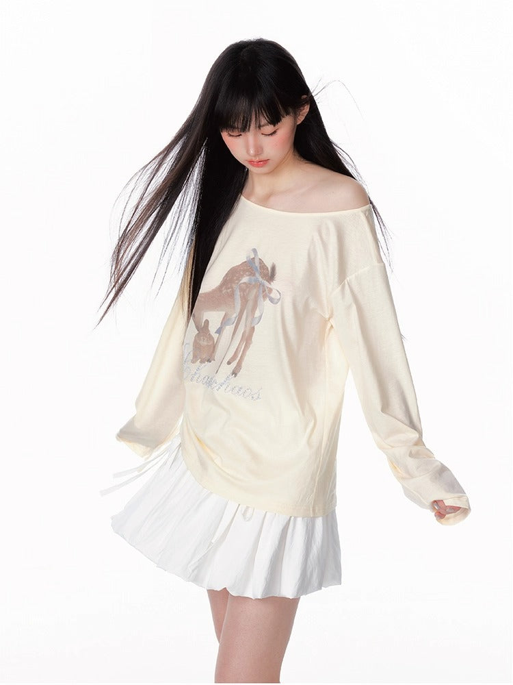 Asymmetric Deer Print Crystal-Embellished T-Shirt
