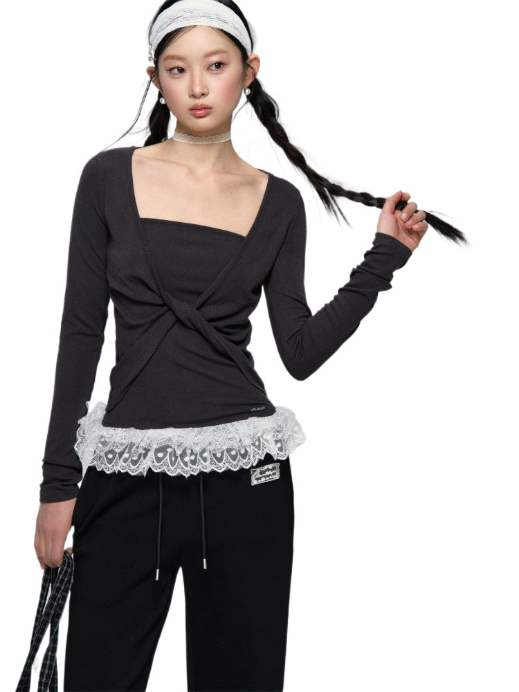 Lace Hem Twist Blouse - CHINASQUAD