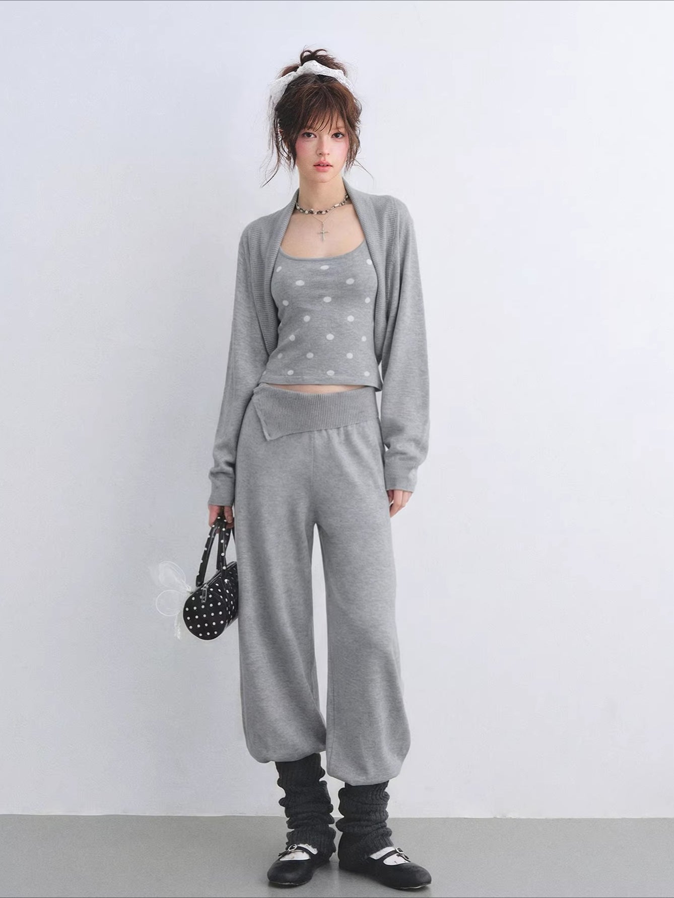 Contrast Polka Dot Cardigan & Cami Set