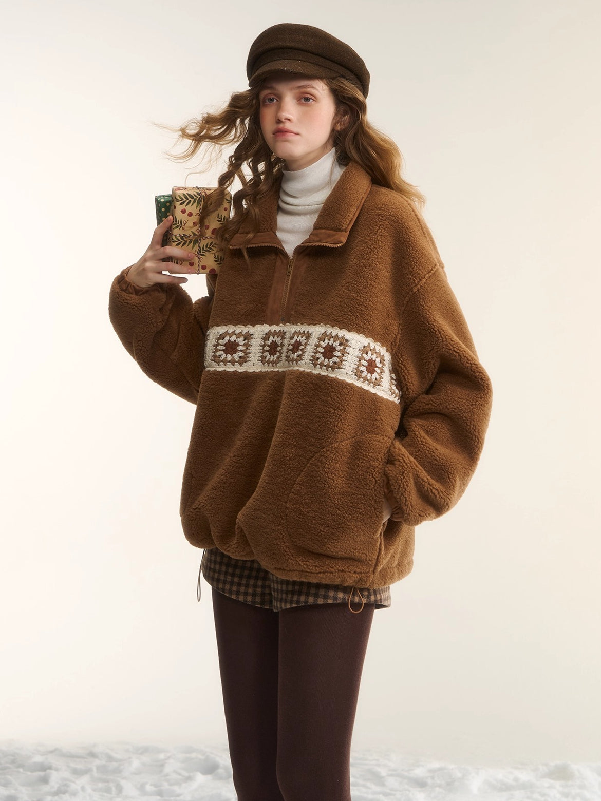 Patchwork Teddy Fleece Zip-Up Sweater
