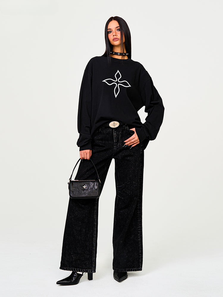 Black Print Loose-Fit Pullover Sweatshirt - CHINASQUAD