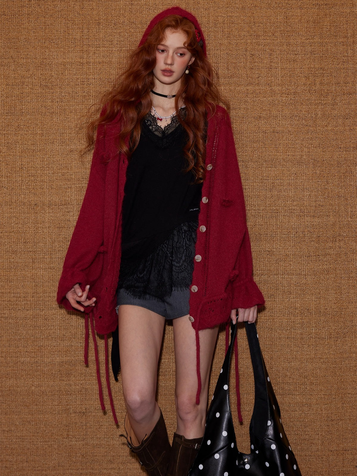 Wool-Blend Drawstring Floral V-Neck Knitted Cardigan - CHINASQUAD